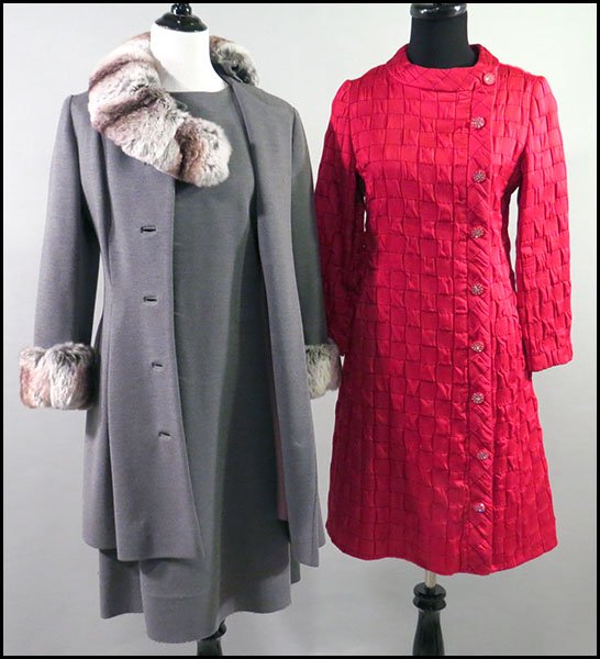 LILLI ANN KNIT GABARDINE ENSEMBLE.: LILLI ANN KNIT GABARDINE ENSEMBLE. Comprised of an a-line short sleeve dress and a jacket, trimmed in rabbit fur at the collar and cuffs. Both lined. Together with a red quilted dress with a zip up ba