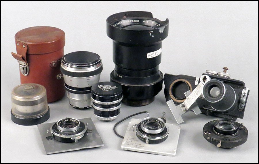 COLLECTION OF CAMERA ACCESSORIES.: COLLECTION OF CAMERA ACCESSORIES. Comprised of two Graflex lenses, one Kilfitt- Makro 40mm lens, one P. Angeneiux lens, one Kilfitt 90mm Alpa mount lens, a fish eye lens, an E. Leitz Summar 5cm lens,