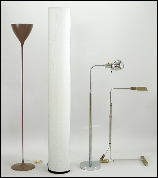 GROUP OF FOUR FLOOR LAMPS.: GROUP OF FOUR FLOOR LAMPS. Comprised of one extension floor lamp in the style of Cedric Hartman (H: 37''), one chrome globe lamp (H: 42.5''), a white cylinder lamp, and a patinated metal lamp (H: 64''
