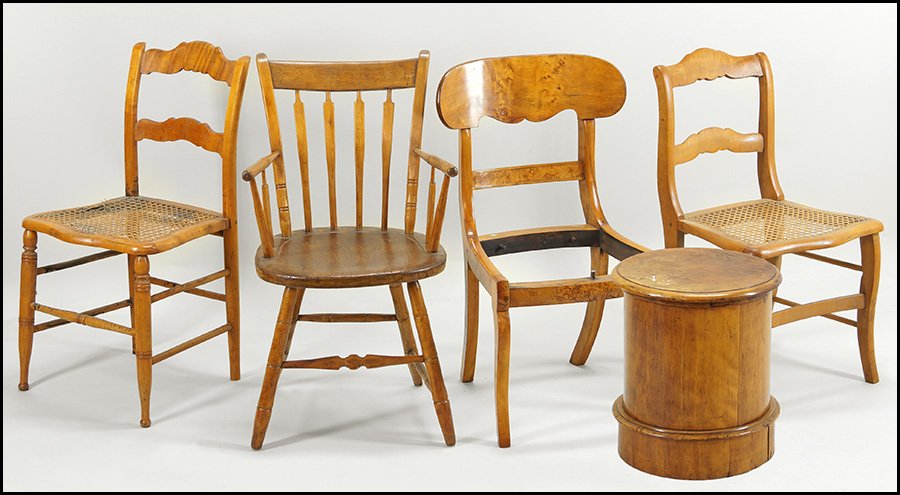 TWO BIEDERMEIER STYLE CANED SEAT SIDE CHAIRS.: TWO BIEDERMEIER STYLE CANED SEAT SIDE CHAIRS. Together with a carved burlwood side chair (32" x 18" x 17"), an oak spindle back arm chair (32" x 17" x 16"), and a round oak commode stool (18" x 16") 3