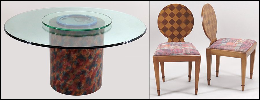 SUITE OF SIX DONGHIA CHAIRS.: SUITE OF SIX DONGHIA CHAIRS. Labeled. Together with a glass top table, bearing a multicolored metal base and a lazy susan etched glass top Table H: 30''