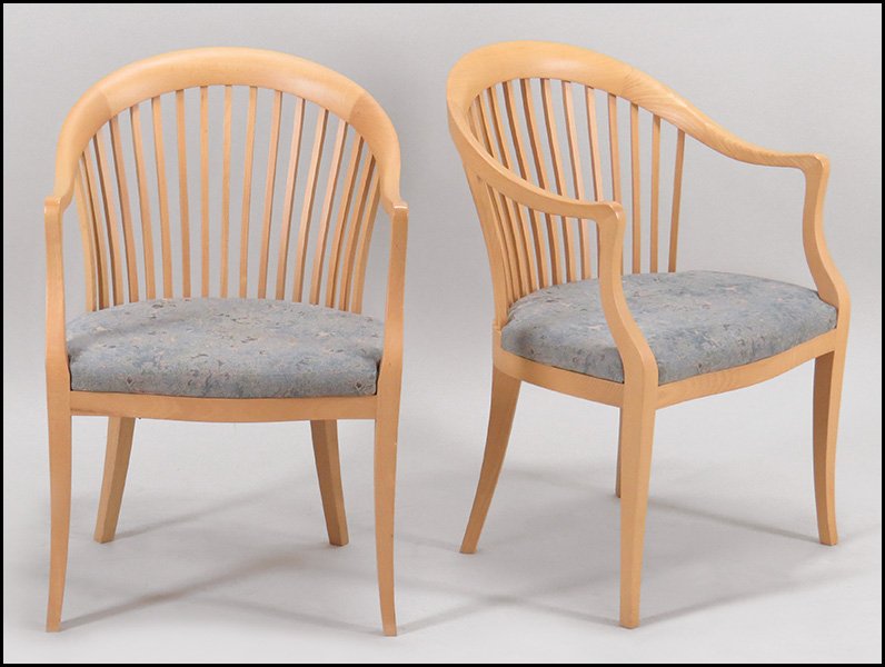 PAIR OF JACK LENOR LARSEN OPEN BARREL BACK ARMCHAIRS.: PAIR OF JACK LENOR LARSEN OPEN BARREL BACK ARMCHAIRS. Bearing labels beneath Back H: 33''