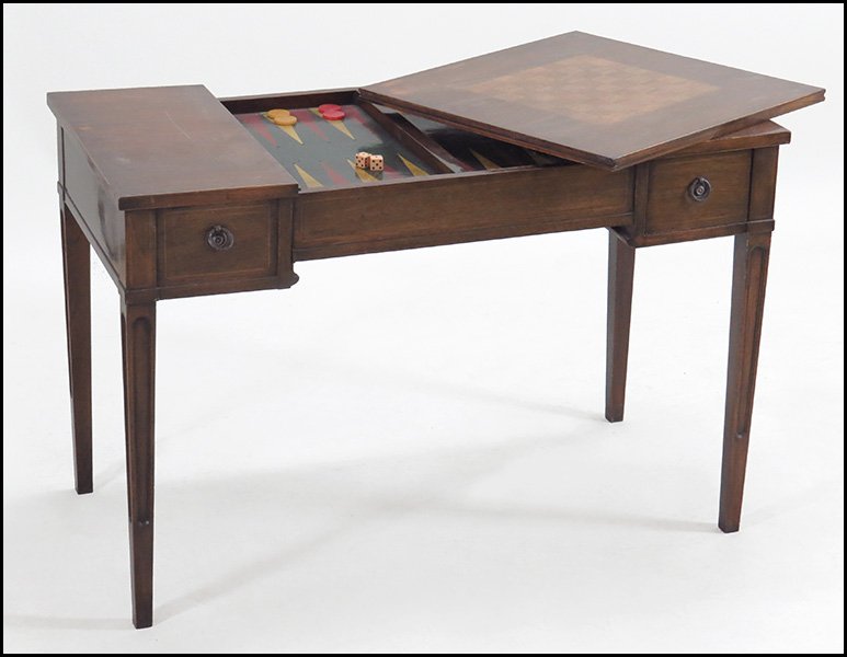 MAHOGANY SLIDE TOP GAMES TABLE.: MAHOGANY SLIDE TOP GAMES TABLE. Opens to reveal a stenciled backgammon board interior 28" x 42" x 22"
