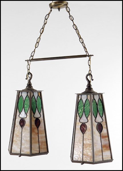 SLAG GLASS TWO LIGHT HANGING FIXTURE.: SLAG GLASS TWO LIGHT HANGING FIXTURE. Previously in the Granada Theatre, Chicago, IL