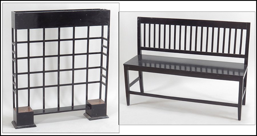 MCINTOSH STYLE EBONIZED WOOD BENCH AND ETAGERE.: MCINTOSH STYLE EBONIZED WOOD BENCH AND ETAGERE. Bench: 37" x 51" x 16" Etagere: 44" x 37" x 6.5"