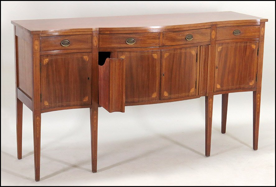 HEPPELWHITE STYLE MAHOGANY SIDEBOARD.: HEPPELWHITE STYLE MAHOGANY SIDEBOARD. Bearing two concealed vertical compartments 41" x 73" x 23"