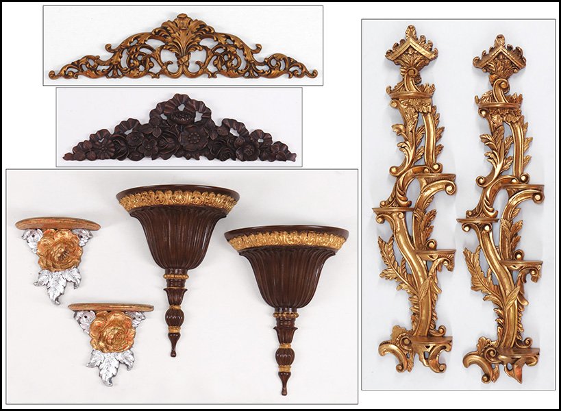GROUP OF WALL BRACKETS AND DECORATIVE ELEMENTS.: GROUP OF WALL BRACKETS AND DECORATIVE ELEMENTS. Comprised of two matching painted wood and gold brackets, two matching painted gold and silver brackets, two matching gold painted wooden elements with 