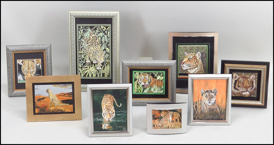 HELEN G. MASONER (AMERICAN, 1920-2012) COLLECTION OF: HELEN G. MASONER (AMERICAN, 1920-2012) COLLECTION OF NINE FRAMED JUNGLE SAFARI THEMED PAINTINGS. Depicting leopards, tigers, giraffes, and other wild animals Largest frame size: 22'' x 13.5''