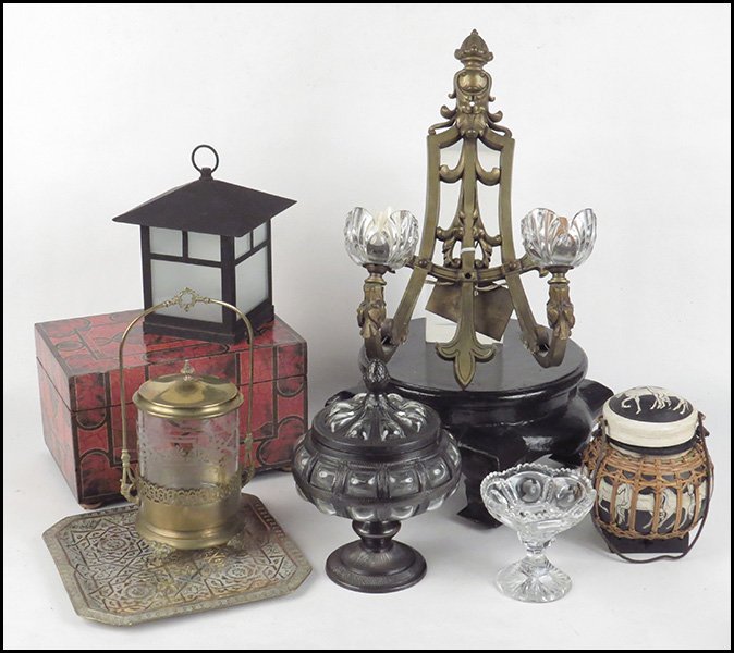 COLLECTION OF DECORATIVE ITEMS.: COLLECTION OF DECORATIVE ITEMS. Comprised of a two-light gilt metal wall sconce, a lacquered wood box, a gilt metal and glass candleholder with a lid, a covered bulb form box bearing horse forms, a cu