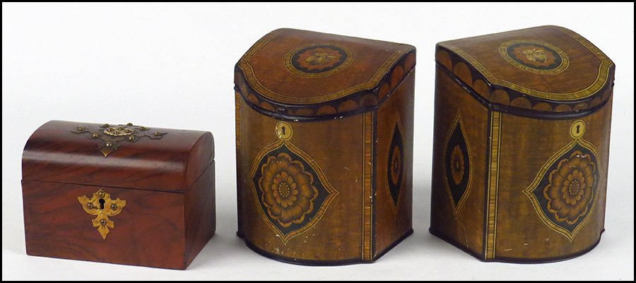 ENGLISH MAHOGANY TEA CADDY.: ENGLISH MAHOGANY TEA CADDY. Bearing ivory decoration on the lid, with brass escutcheon. Together with a pair of tin boxes (H: 8.5'') Caddy H: 5''