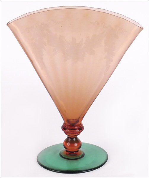 STEUBEN FAN FORM ROSA VASE WITH POMONA GREEN BASE.: STEUBEN FAN FORM ROSA VASE WITH POMONA GREEN BASE. Fleur-de-lis mark acid stamped into the pontil. Vase has etched floral garland decoration Vase height: 8.5" Width: 7"