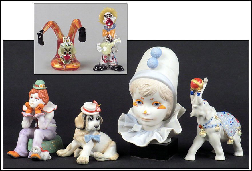 GROUP OF CLOWN AND CIRCUS FIGURES.: GROUP OF CLOWN AND CIRCUS FIGURES. Comprised of a Cybis Bisque porcelain bust of a young clown mounted on a wood base, "Rumples" the clown, a perched clown dog, and "Alexander He's the Best" elephant.
