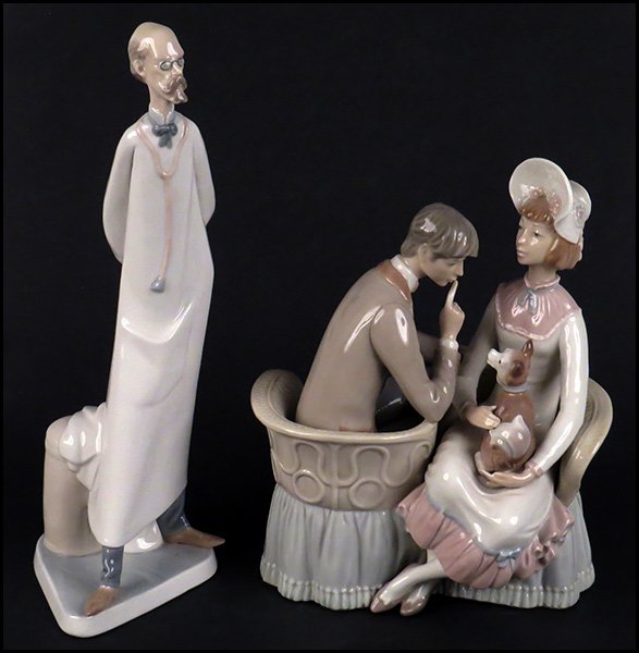 TWO LLADRO PORCELAIN FIGURES.: TWO LLADRO PORCELAIN FIGURES. Comprised of one doctor with glasses #4602 and one figural group of a lady, a gentleman, and a dog (bearing no number). Both stamped Lladro Made in Spain Taller H: 14.25'