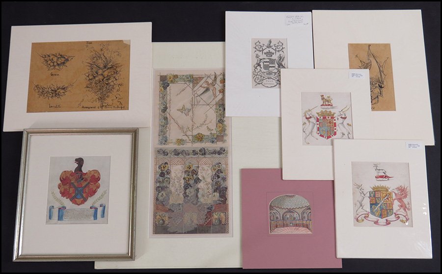 THREE 18TH CENTURY ARMORIAL CREST DRAWINGS.: THREE 18TH CENTURY ARMORIAL CREST DRAWINGS. Ink on paper. All mounted in mat board, one framed. Together with a drawing of a middle eastern wall decor, six studies of foliate reliefs drawn in ink, two