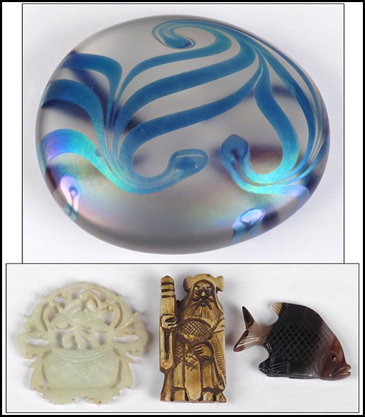 EICKHOLT GLASS PAPERWEIGHT.: EICKHOLT GLASS PAPERWEIGHT. Together with a carved ivory netsuke, a carved agate fish, and a carved stone decorative object Paperweight: 5.25" x 4.5: