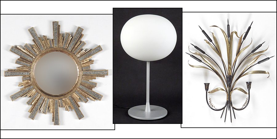 PALLADIO PAINTED METAL THREE-LIGHT 'WHEAT' WALL SCONCE.: PALLADIO PAINTED METAL THREE-LIGHT 'WHEAT' WALL SCONCE. Not electrified. Together with a sunburst mirror and a Glo ball lamp