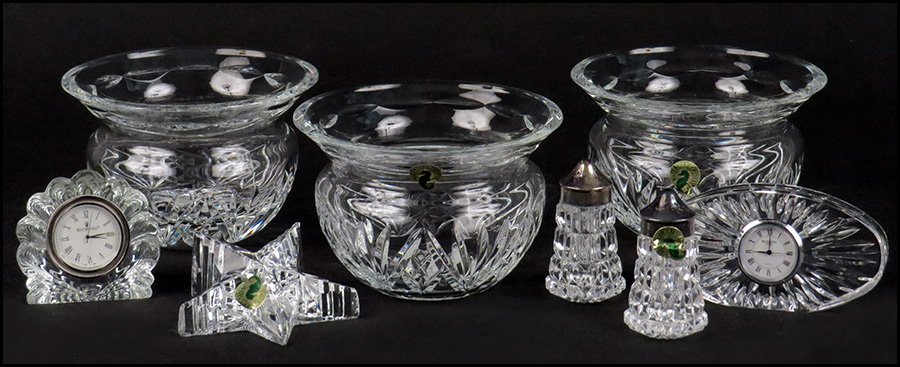 THREE WATERFORD CRYSTAL KAVANAGH BOWLS.: THREE WATERFORD CRYSTAL KAVANAGH BOWLS. Together with two Waterford crystal desk clocks, a pair of Waterford salt and pepper shakers, and a Waterford crystal star paperweight Bowl: 3.5" x 6"