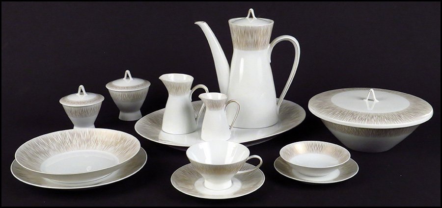 ROSENTHAL PORCELAIN PARTIAL DINNER SERVICE IN THE: ROSENTHAL PORCELAIN PARTIAL DINNER SERVICE IN THE GOLDSTRAHLEN PATTERN. Comprised of eight dinner plates, eight salad plates, eight bread plates, eight saucers, seven teacups, eight soup bowls, eight 