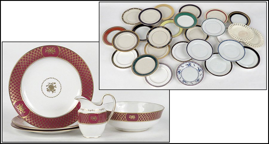 SPODE PORCELAIN TABLE ARTICLES IN THE VISCOUNT CRIMSON: SPODE PORCELAIN TABLE ARTICLES IN THE VISCOUNT CRIMSON PATTERN. Comprised of three chargers (D: 12.5"), one pitcher, and one open vegetable bowl. Together with three Wedgwood basket motif dishes, and 
