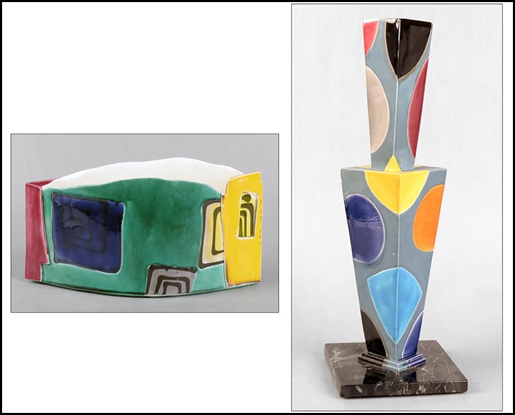 TWO JUDITH SALOMON CERAMIC VESSELS.: TWO JUDITH SALOMON CERAMIC VESSELS. Comprised of a tall multi-colored vase and an oblong bowl (7.5" x 15" x 6") Vase: 21.5"