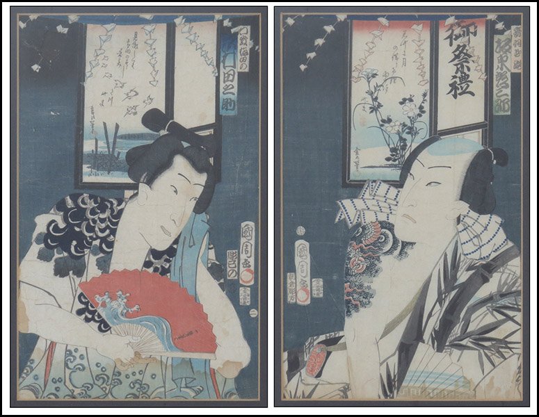 AFTER UTAGAWA KUNIYOSHI (JAPANESE, 1797-1861) KABUKI: AFTER UTAGAWA KUNIYOSHI (JAPANESE, 1797-1861) KABUKI ACTORS. Colored woodblock prints on paper. Bearing character marks Sights: 13.5'' x 8.5'' Frames: 22.25'' x 17.25''