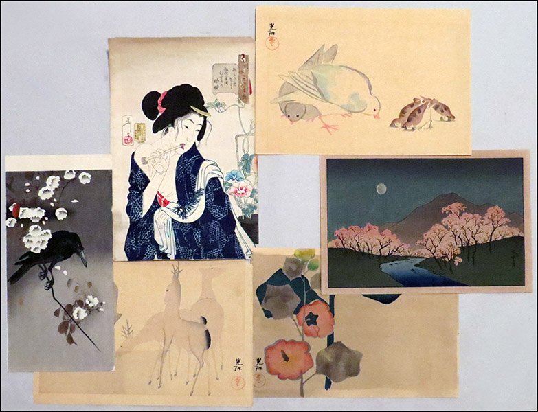 AFTER TAISO YOSHITOSHI (JAPANESE, 1839-1892) WAKING UP:: AFTER TAISO YOSHITOSHI (JAPANESE, 1839-1892) WAKING UP: A GIRL OF THE KOKA ERA. Woodblock print. Together with a woodblock print depicting a raven, and three prints after Ogata Korin Sheet: 15" x 10"