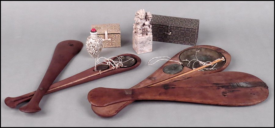 TWO CHINESE CARVED WOOD OPIUM SCALES.: TWO CHINESE CARVED WOOD OPIUM SCALES. Both bear partial wax seals. Together with a Chinese marble chop, (H: 5'') bearing foo dragons with "John" and Chinese character marks beneath and a ceramic snuff