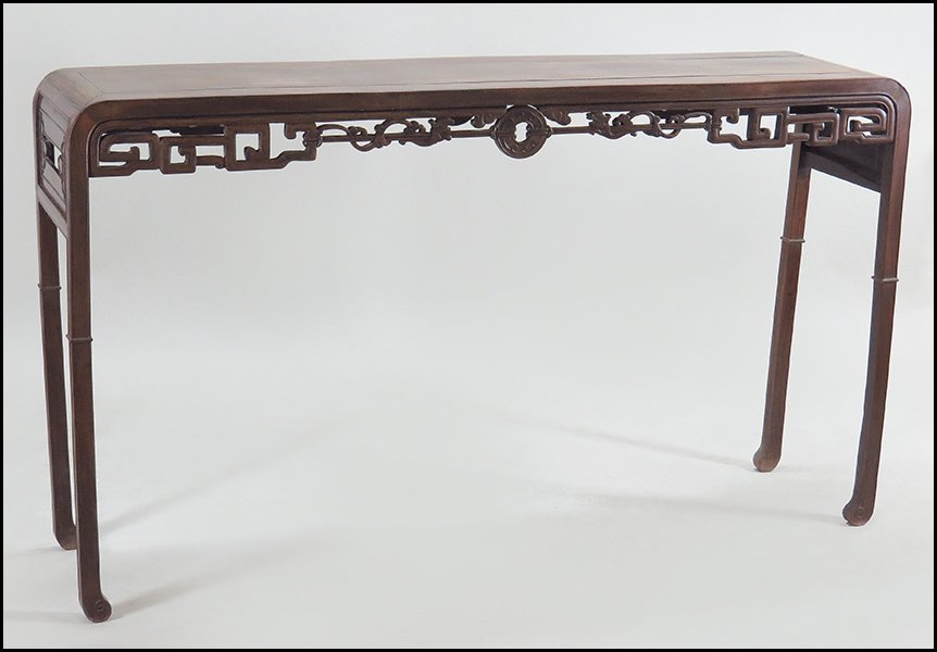 CHINESE CARVED ELMWOOD ALTAR TABLE.: CHINESE CARVED ELMWOOD ALTAR TABLE. 39'' x 68'' x 16''