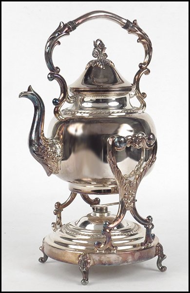 SILVERPLATE TEA KETTLE ON STAND.: SILVERPLATE TEA KETTLE ON STAND. Bearing floral decoration. With unidentified maker's mark on base Diameter: 7''