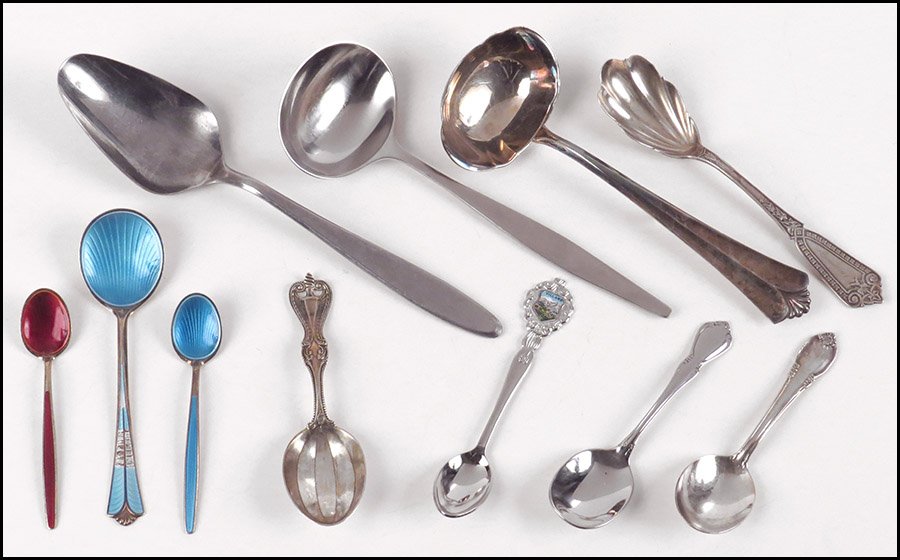 TWO DAVID ANDERSEN GILT STERLING SILVER AND GUILLOCHE: TWO DAVID ANDERSEN GILT STERLING SILVER AND GUILLOCHE ENAMEL DEMITASSE SPOONS. Together with a David Andersen sterling silver and guilloche enamel spoon, a sterling silver sugar shell, a sterling silv