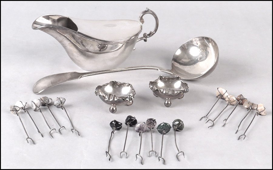 ENGLISH WALKER & HALL SILVERPLATE SPOON WARMER.: ENGLISH WALKER & HALL SILVERPLATE SPOON WARMER. Together with an English silverplate ladle, a pair of silverplate salt cellars and spoons, and a set of 16 Mexican cocktail picks
