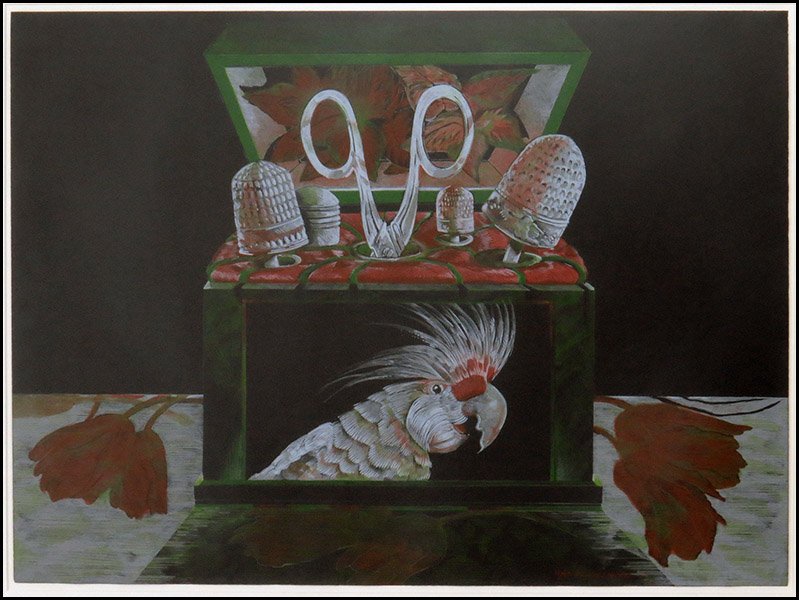 ELLEN LANYON (AMERICAN, B. 1926) THE SEWING PARROT.: ELLEN LANYON (AMERICAN, B. 1926) THE SEWING PARROT. Color lithograph on paper. Signed "Ellen Lanyon '74" LR. Edition "12/50" LR. Provenance: Chicago Opera Theatre Sight: 27'' x 35'' Frame: 31.5'' x 41