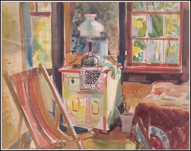 EDGAR A. RUPPRECHT (AMERICAN, 1889-1954) THE STRIPED: EDGAR A. RUPPRECHT (AMERICAN, 1889-1954) THE STRIPED CHAIR INDOORS. Gouache and watercolor on paper. Unsigned. Provenance: For Art's Sake, R.H. Love Gallery, Chicago. Unframed 14" x 18"