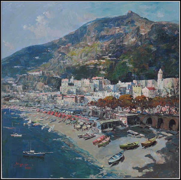 MARIO SANZONE (ITALIAN, B. 1946) THE AMALFI COAST.: MARIO SANZONE (ITALIAN, B. 1946) THE AMALFI COAST. Oil on canvas, signed and titled LL, bearing Kamp Gallery label en verso Sight: 38" x 38" Frame: 46" x 46"