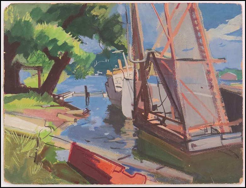 EDGAR A. RUPPRECHT (AMERICAN, 1889-1954) MAJOR RIG WITH: EDGAR A. RUPPRECHT (AMERICAN, 1889-1954) MAJOR RIG WITH RED BOAT ON SHORE, 1950. Goauche and waterolor on board. Signed and dated verso. Provenance: For Art's Sake, R.H. Galleries, Chicago. Unframed 1