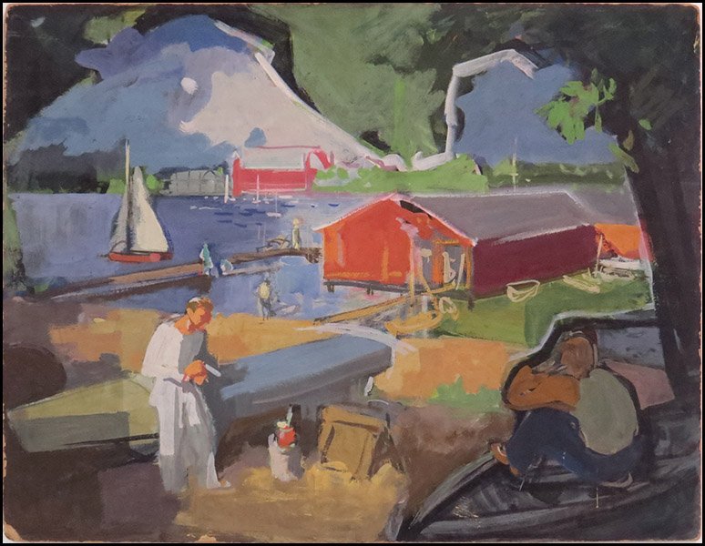 EDGAR A. RUPPRECHT (AMERICAN, 1889-1954) BOATYARD.: EDGAR A. RUPPRECHT (AMERICAN, 1889-1954) BOATYARD. Oil on board. Signed verso. Unframed Board: 22" x 28"