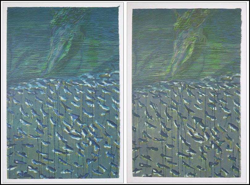 BOB NUGENT (AMERICAN, B. 1947) FROM 1988: PAIR: BOB NUGENT (AMERICAN, B. 1947) FROM 1988: PAIR UNTITLED. Woodblock prints on paper. Unsigned. From Roy Boyd Gallery Chicago Sights: 37'' x 24'' Frames: 43'' x 29''