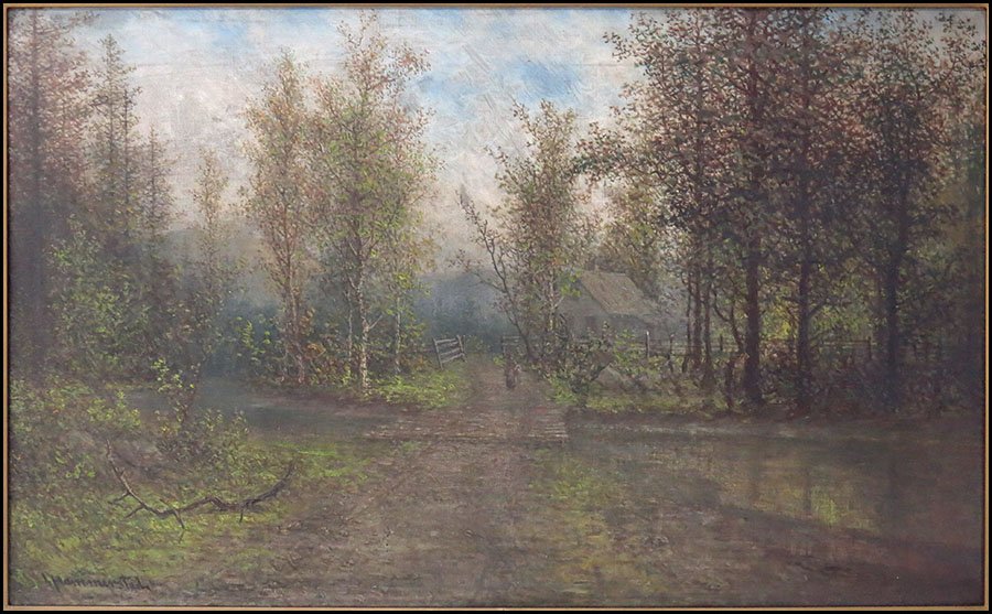 JOHN OLSON HAMMERSTAD (AMERICAN, 1842-1925) COTTAGE IN: JOHN OLSON HAMMERSTAD (AMERICAN, 1842-1925) COTTAGE IN THE WOODS. Oil on canvas. Signed LL. Frame: 26" x 35" Canvas: 16" x 26"