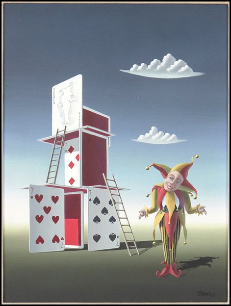 NORMAN BLACK (BRITISH, 1920-1999) THE JOKER AND HIS: NORMAN BLACK (BRITISH, 1920-1999) THE JOKER AND HIS HOUSE OF CARDS. Acrylic on paper mounted on board. Signed "N. Black" LR Sight: 16'' x 12'' Frame: 22.5'' x 18''