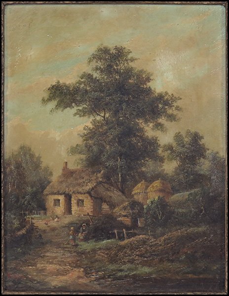 W. YATES (19TH CENTURY) FARMING AT THE COTTAGE.: W. YATES (19TH CENTURY) FARMING AT THE COTTAGE. Oil on canvas. Signed "W. Yates" in red LL Sight: 18'' x 13'' Frame: 23'' x 19''