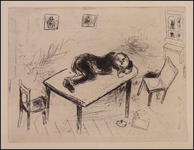 MARC CHAGALL (RUSSIAN, 1887-1985) ILLUSTRATION 81 FROM: MARC CHAGALL (RUSSIAN, 1887-1985) ILLUSTRATION 81 FROM LES AMES MORTES. Etching. Unsigned. Marked in pencil LXXXI, water marked MBM. Provenance: Allan Frumkin Gallery, Chicago Sheet: 11" x 15"