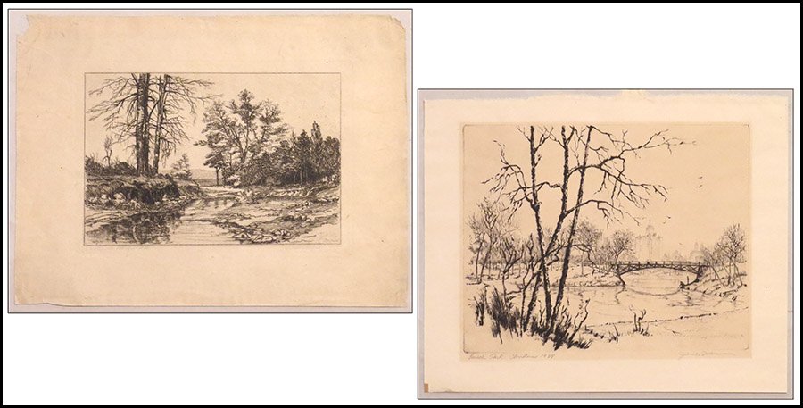 JAMES SWANN (AMERICAN, 1905-1985) LINCOLN PARK,: JAMES SWANN (AMERICAN, 1905-1985) LINCOLN PARK, CHRISTMAS, 1938. Etching. Pencil signed LR. Together with Bertha Jaques etching "Spring" Sheet: 10.5" x 12.5"