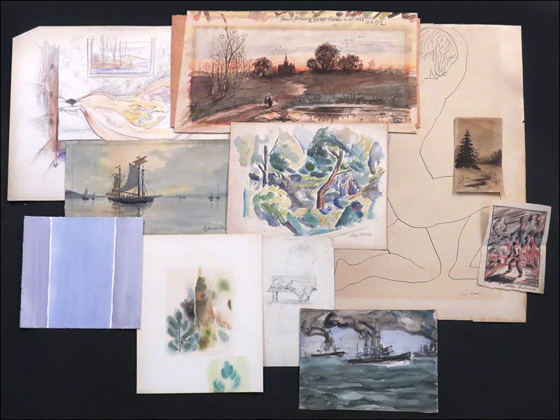 COLLECTION OF UNFRAMED WATERCOLOR PAINTINGS.: COLLECTION OF UNFRAMED WATERCOLOR PAINTINGS. Includes paintings by Fred Biesel, Charles Biesel, Frances Foy, and G.B. Jones Largest sheet: 8" x 15"