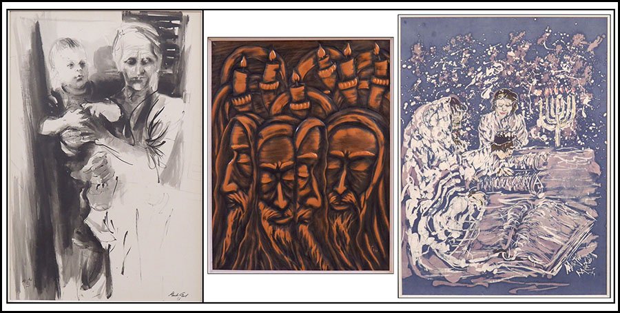 MOSHE GAT (ISRAELI, B. 1935) ELDERLY WOMAN WITH CHILD.: MOSHE GAT (ISRAELI, B. 1935) ELDERLY WOMAN WITH CHILD. Inkwash on paper, signed LR 'Moshe Gat 63' also a partial signature and date LL. Together with a copper relief and a batik Gat sight: 37.5'' x 25