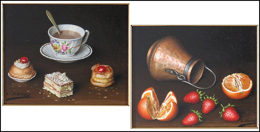 L. PIZARRO (SPANISH, 20TH CENTURY) TWO STILL LIFES.: L. PIZARRO (SPANISH, 20TH CENTURY) TWO STILL LIFES. Each an oil on board. One depicts desserts and a teacup, while the other depicts fruits and a copper vessel. One is signed LR, while the other is si