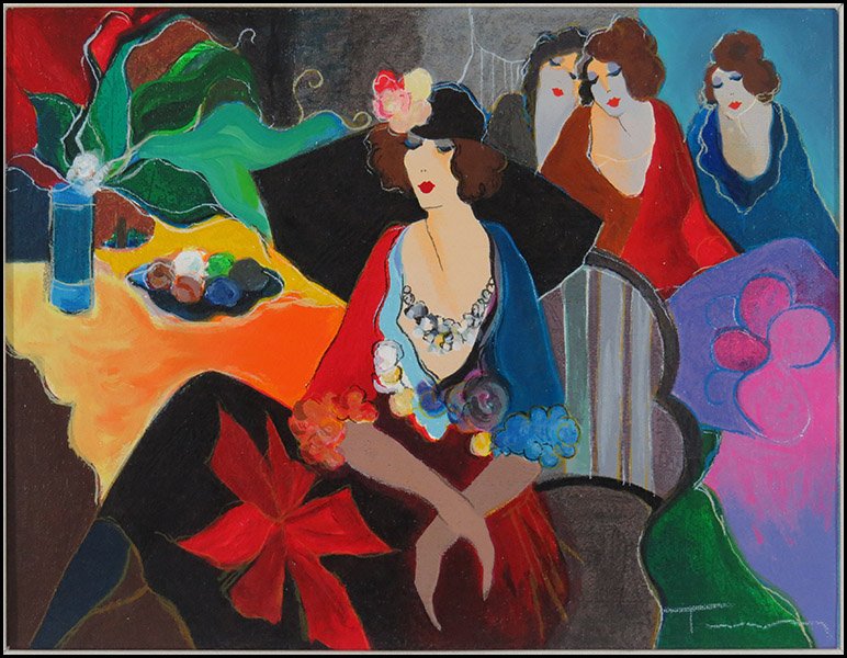 ITZCHAK TARKAY (ISRAELI, B. 1944) FOUR AFTER THE PARTY.: ITZCHAK TARKAY (ISRAELI, B. 1944) FOUR AFTER THE PARTY. Embellished serigraph. Numbered 48/150 en verso Canvas: 11" x 14"