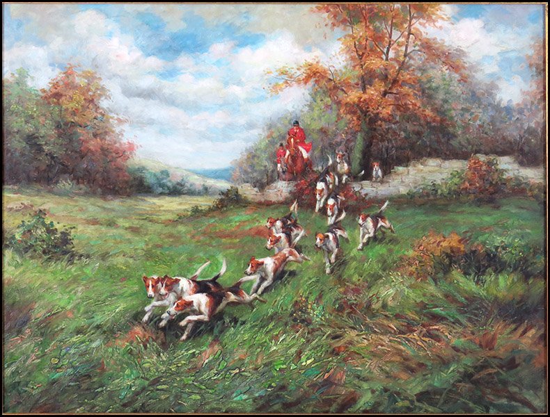JACK LEVINE (20TH CENTURY) FOX HUNTING.: JACK LEVINE (20TH CENTURY) FOX HUNTING. Oil on canvas. Signed LR. Frame: 42" x 52" Canvas: 30" x 40"