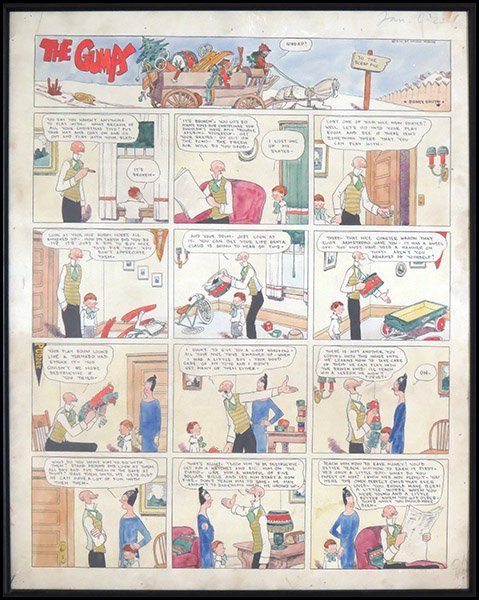 SIDNEY SMITH (AMERICAN, 1877-1935) THE GUMPS.: SIDNEY SMITH (AMERICAN, 1877-1935) THE GUMPS. Original handcolored comic art. Titled "To the Scrap Pile." Dated UR "Jan-6-'23" and published in the Chicago Tribune in 1923. Signed "Sidney Smith" UR. P