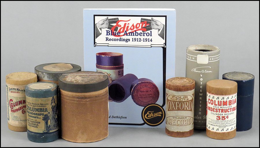COLLECTION OF OVER FIFTY ASSORTED CYLINDER PHONOGRAPH: COLLECTION OF OVER FIFTY ASSORTED CYLINDER PHONOGRAPH RECORDS. Comprised of one Columbia brown wax, two French brown wax, two French concert size, twenty-nine Edison Blue Amberols, three 4-minute Ambe