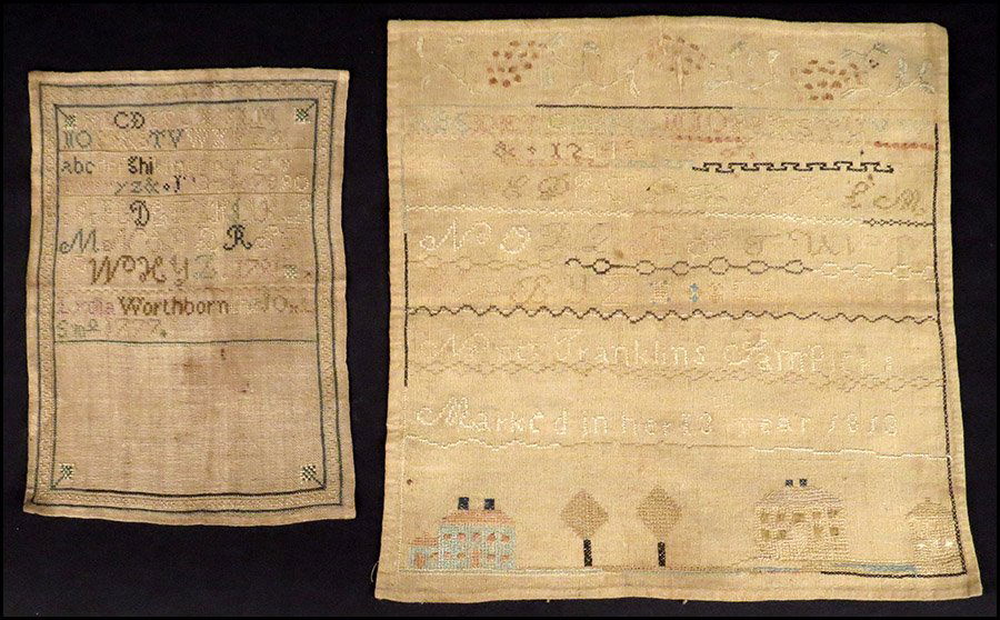 TWO NEEDLEPOINT SAMPLERS.: TWO NEEDLEPOINT SAMPLERS. Embroidered and dated. One reads 1777, one reads 1813 Larger: 13.5'' x 13''